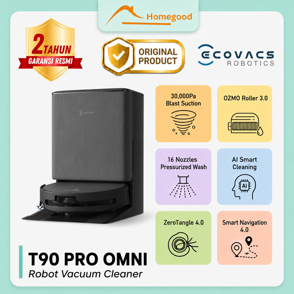 Ecovacs DEEBOT T90 PRO OMNI Robot Vacuum | Pel Otomatis OZMO Roller 3.0 | Self-Cleaning  | AI Smart 