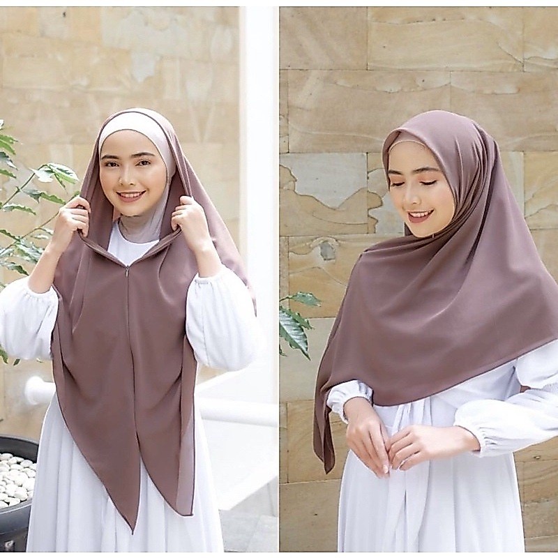 Hijab Segi Empat Zipper Ceruty Babydoll Polos | Khimar Zipper Resleting Dua layer | Segi Empat Insta