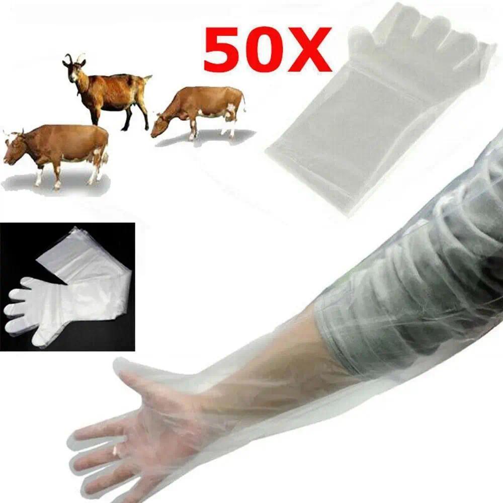 50Pcs Clear Disposable Vet Glove Sturdy Plastic Disposable Farm Glove Veterinary Examination Long Ar