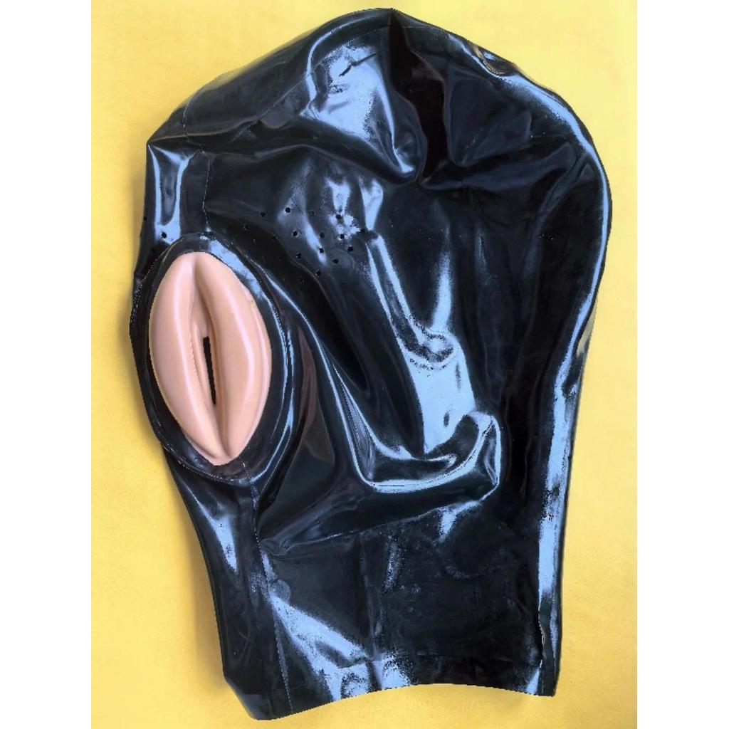 Black Latex Hood Mask Men Women Mouth Open Back Zipper Rubber Mask Couple Adult Cosplay Props