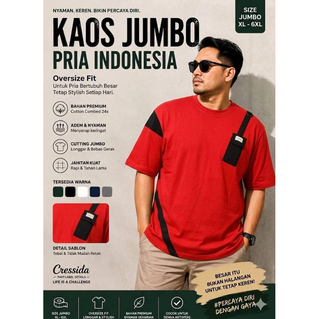 SumberRejekiJeans KAOS T-Shirt Jumbo Cressida Pria Lengan Pendek BIG SIZE 2XL 3XL 4XL 5XL Warna MERA