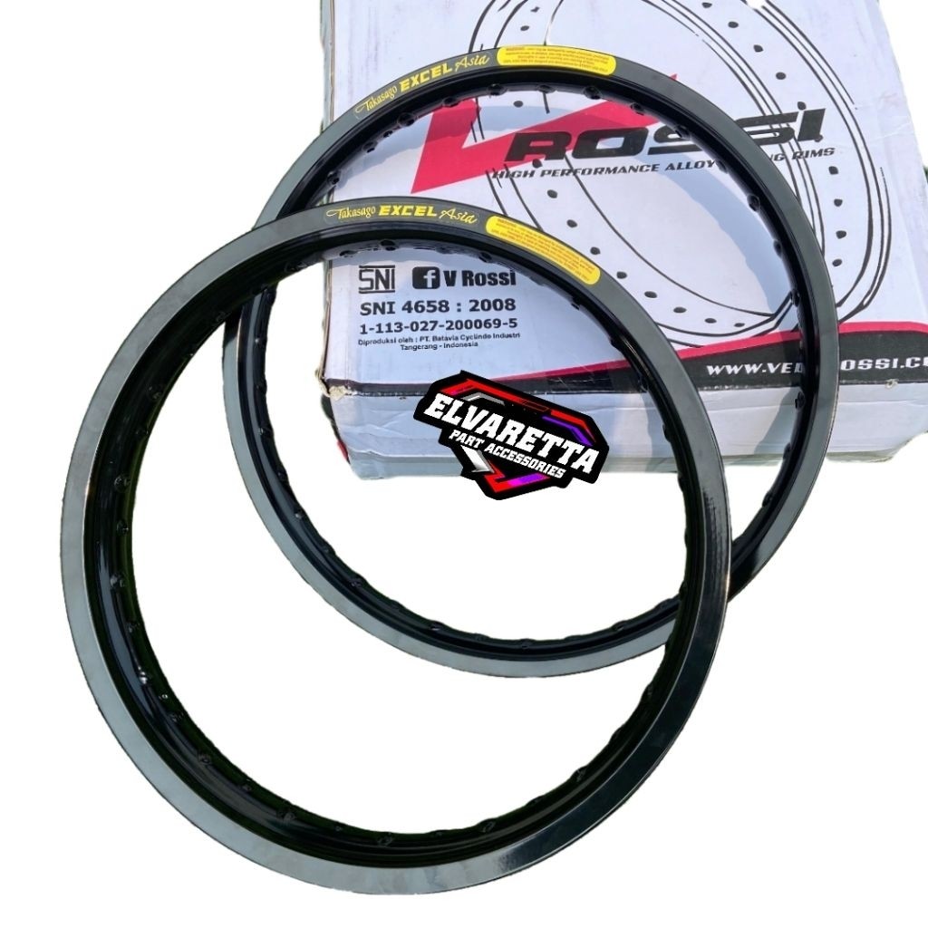 VELG V ROSSI HITAM GLOSSY SUDAH DICUSTOM STIKER TAKASAGO EXCEL ASIA UKURAN 120 140 160 185 RING17