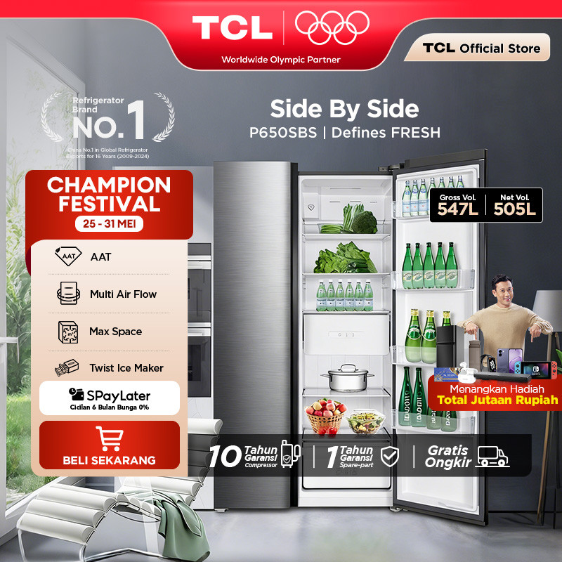 TCL Kulkas 2 Pintu Side by Side – Kapasitas 547L - Kulkas Ice Maker -  Metal Gray - Inverter - Lemar