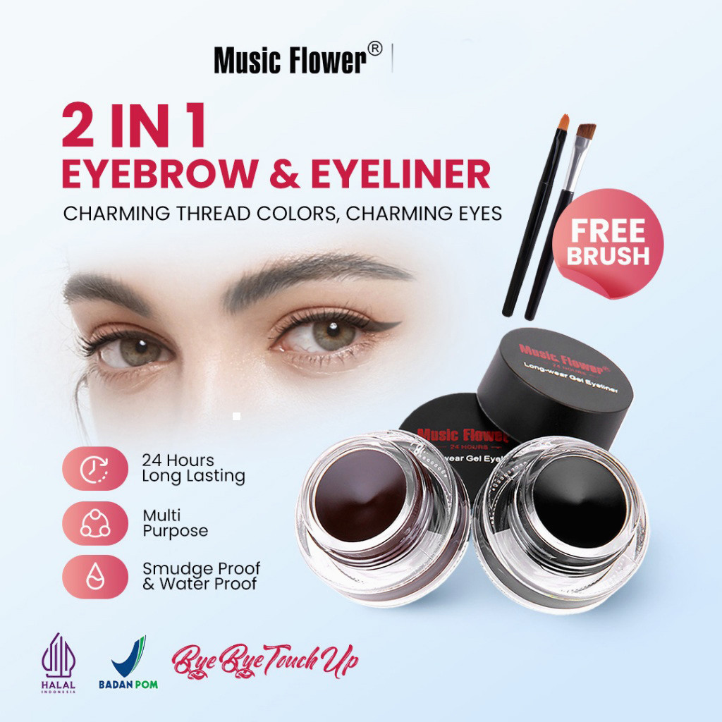 MUSIC FLOWER 2-in-1 Gel Alis Celak Mata Hasil Natural 24 Jam Kontrol Minyak Tahan Air Wanita Pemula 