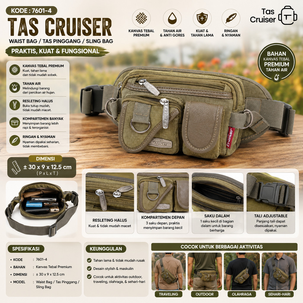 Tas Pinggang Outdoor Unisex TasCruiser 7601-4 – Waist Bag Kanvas Premium