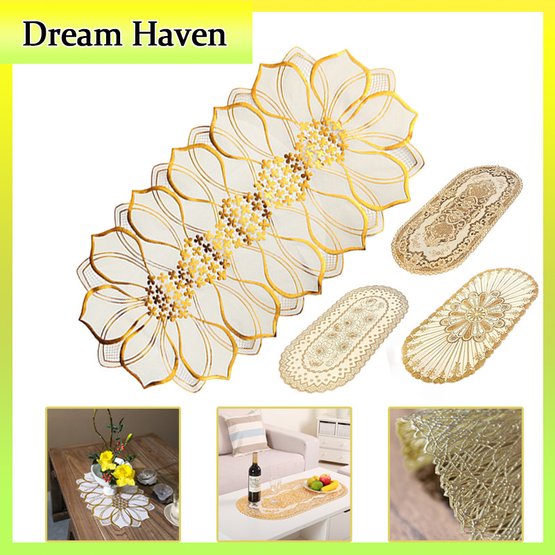 Taplak Meja Tamu Model Flower Warna Gold/ Alas Meja Anti Air PVC untuk Dekorasi Ruang Tamu/Alas Meja