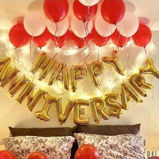 LED SET Balon Foil Happy Anniversary Red White / Balloon Decoration TA