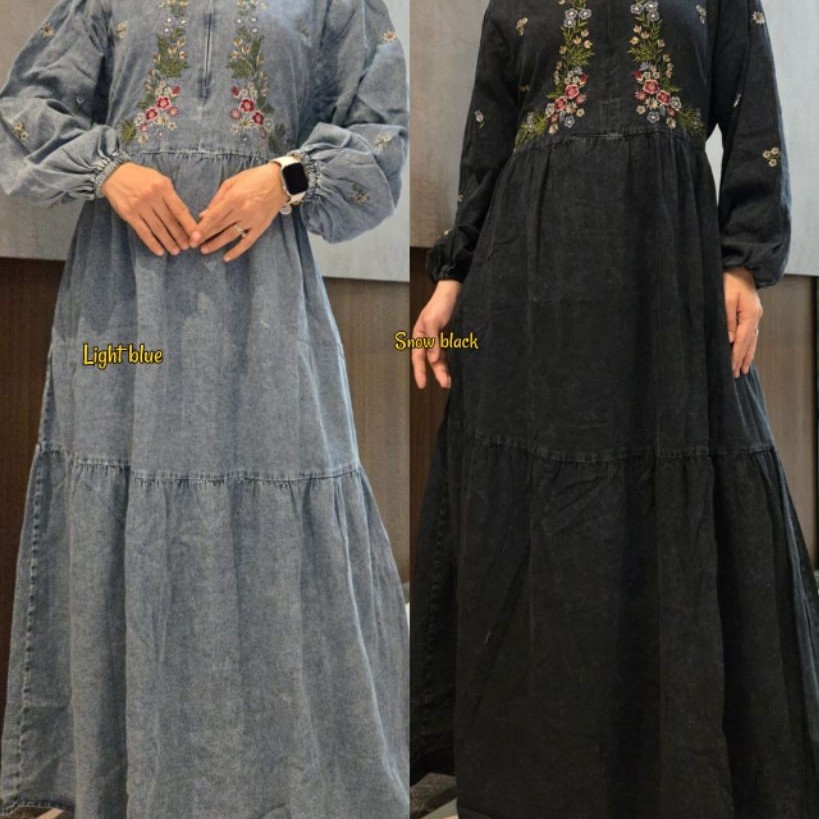 Gamis jeans bordir ziper import