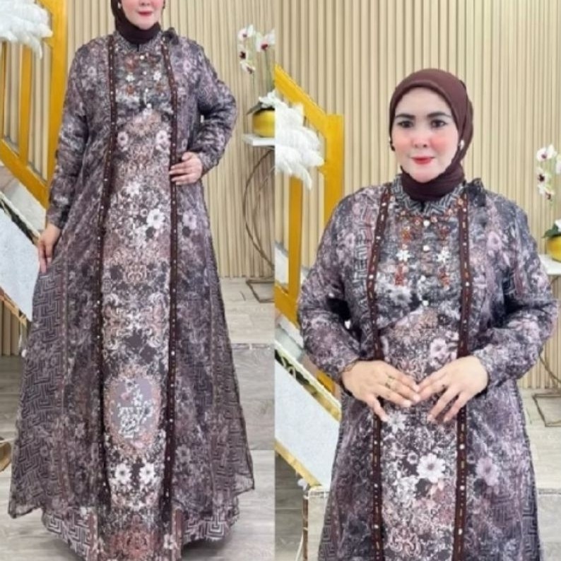 Gamis armani silk printing, rompi organza