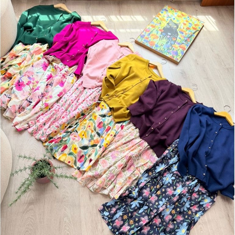 Via Cardigan Set Skirt Motif Flower