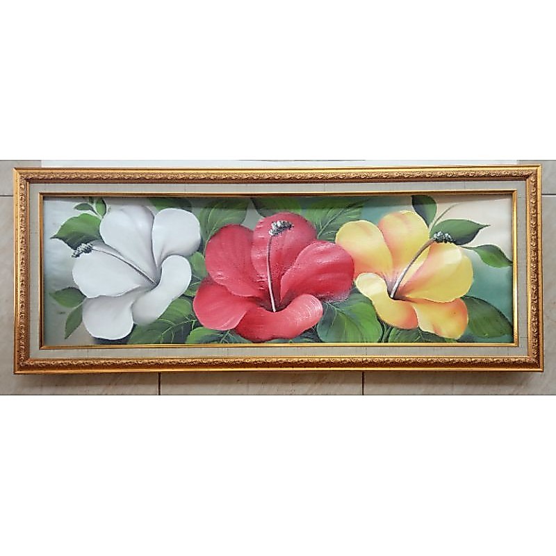 Lukisan Tangan  Bunga Sepatu Landscape beserta Bingkai Pigura Ukuran 90cm x 30cm