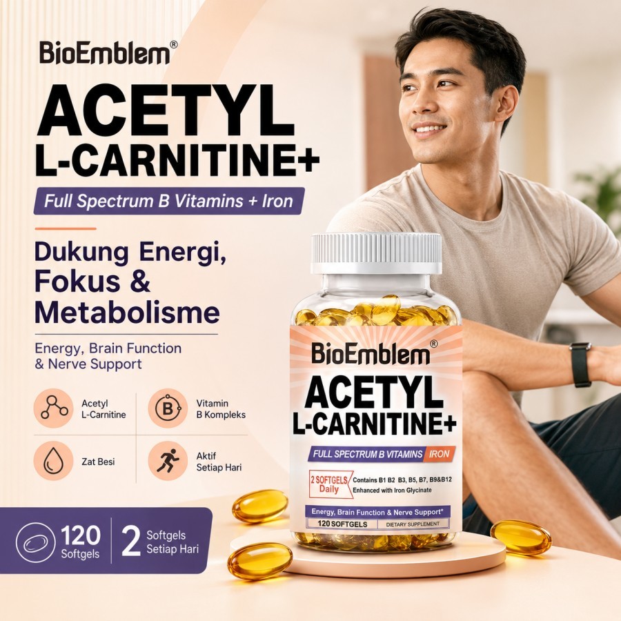 BioEmblem Acetyl L Carnitine 1250mg 120 Softgels, Vitamin B Complex + Iron, Suplemen Brain Function 