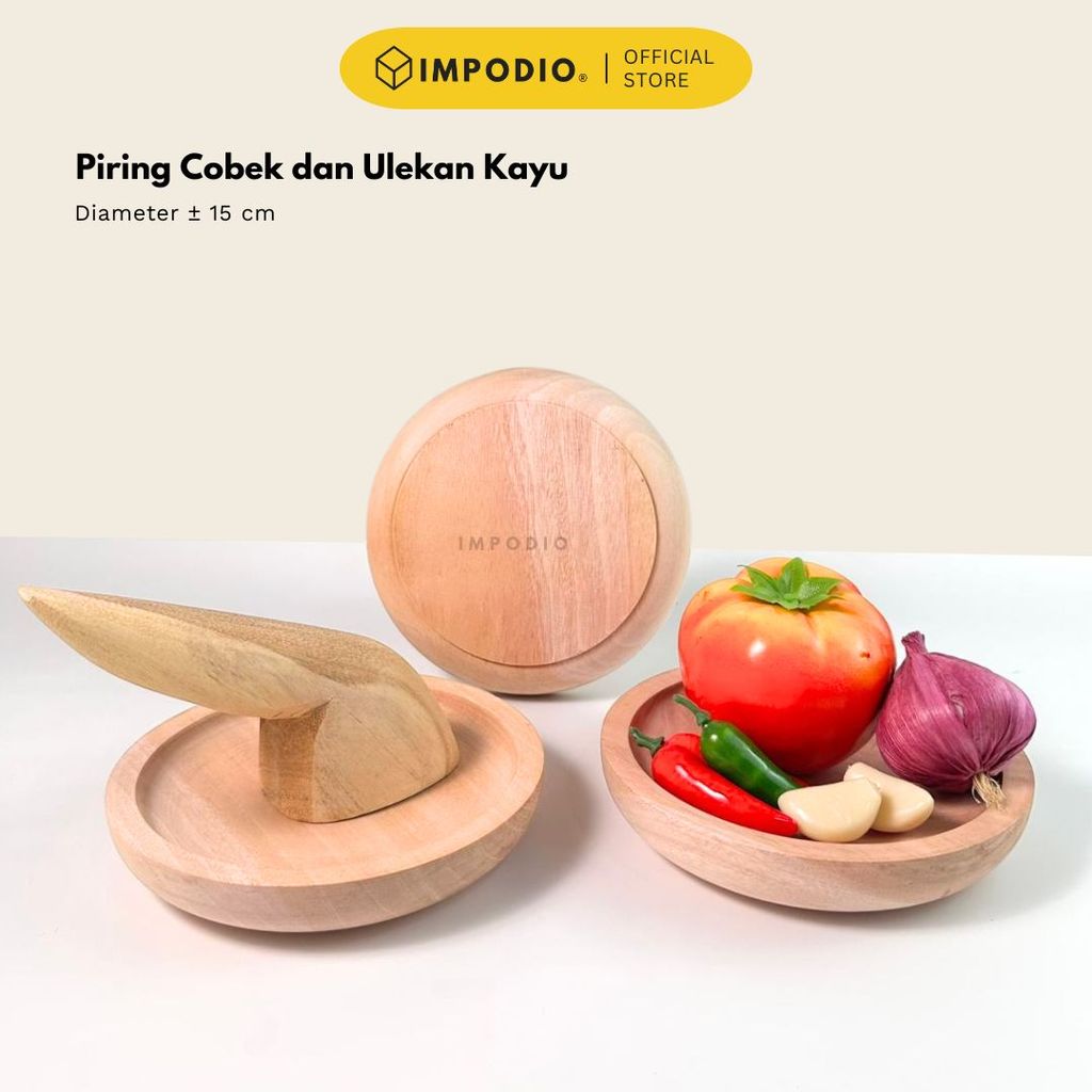 IMPODIO Piring Cobek Kayu 15cm dan Ulekan Sambal - Set Wadah Saji Tradisional Estetik