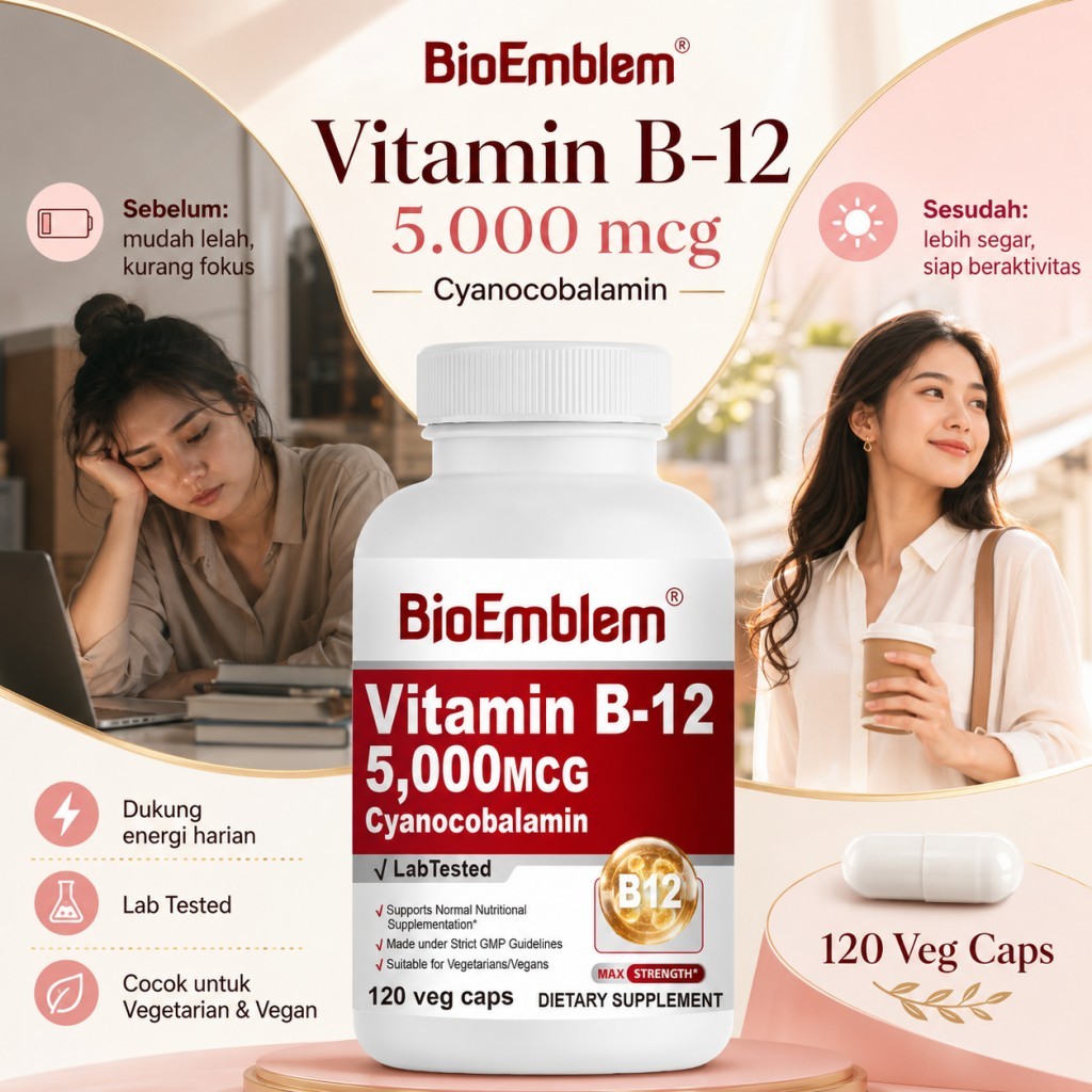 BioEmblem Suplemen Vitamin B12, 120 Kapsul, Cyanocobalamin 5000MCG, Energi Menurun, Bantu Sel Darah 