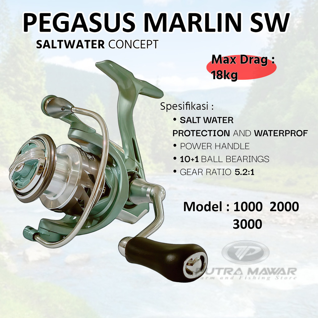 Reel Pegasus MARLIN SW 1000 2000 Max Drag 18kg Rell Spinning SaltWater Aluminium Spool Power Handle