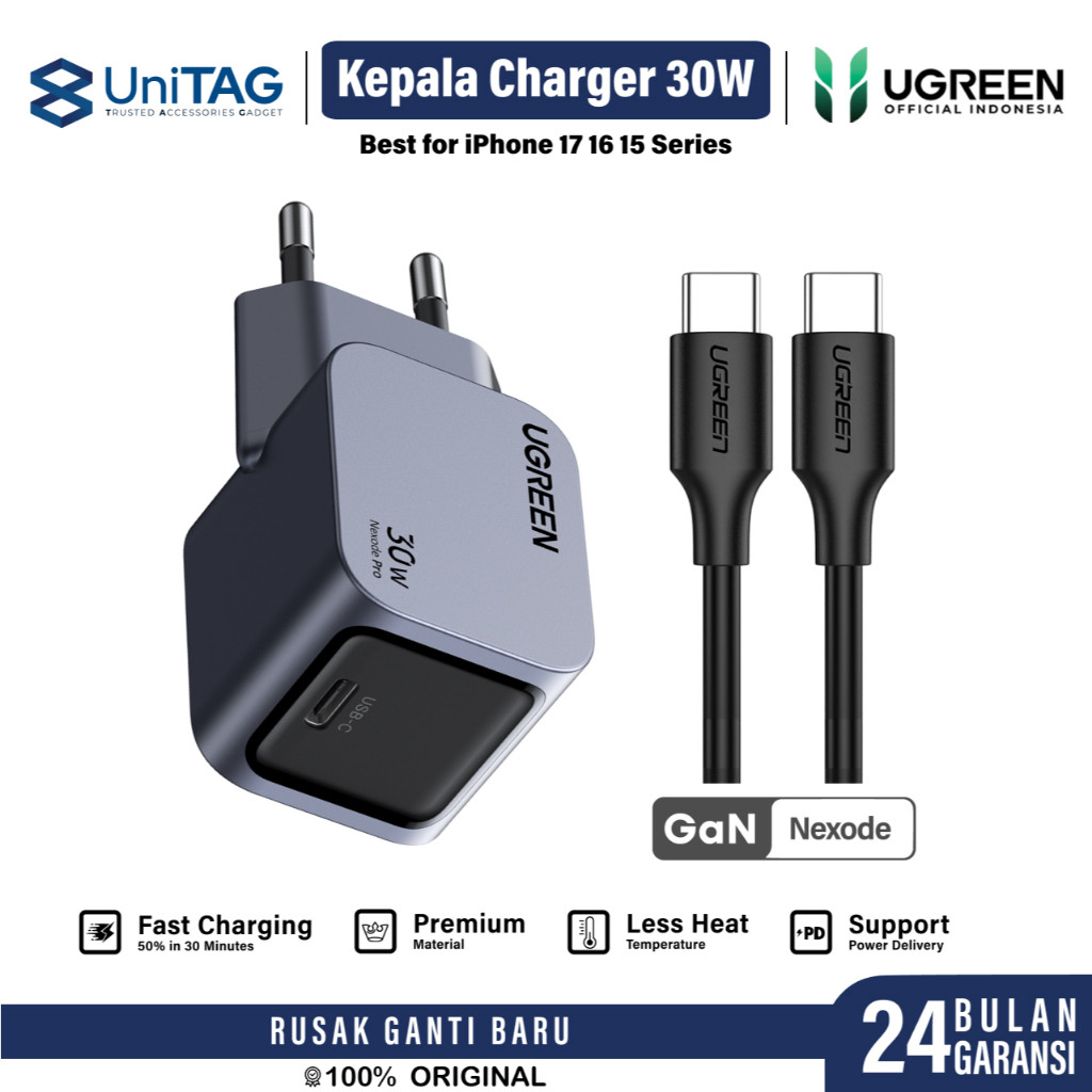 (ronda26) Kepala Charger for iPhone 17 16 15 14 13 12 11 XR XS X 8 7 6 Air Pro Max Plus UGREEN 30W 2