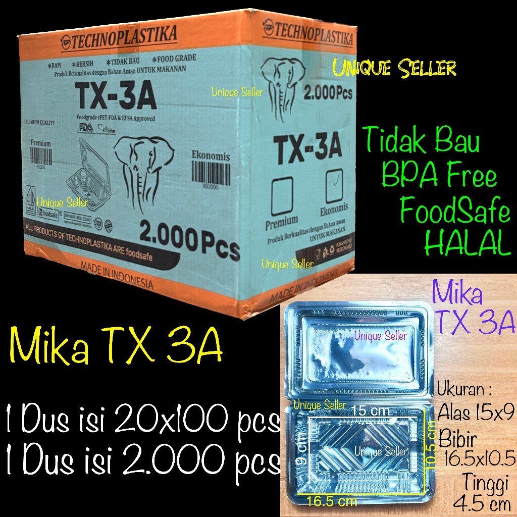 1 Dus Mika 3A TX isi 2.000 pcs Uk 16.5x10.5x4 cm Cap Gajah Techno / Mika Kue Roti Jajan Wadah Plasti