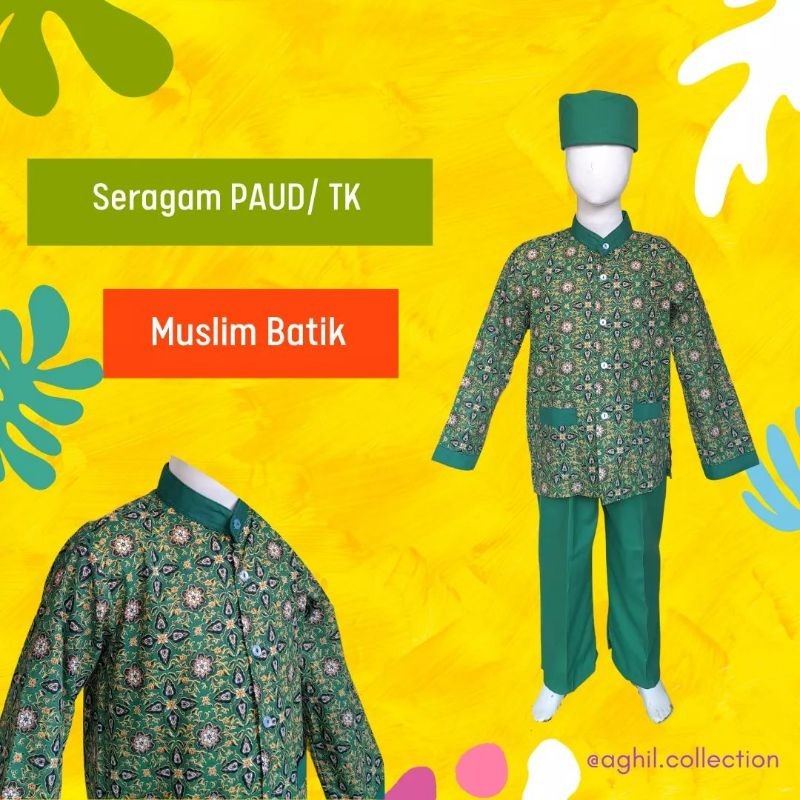 ZIZISHOP SERAGAM TK/PAUD MUSLIM BATIK BAJU TK/PAUD MUSLIM BATIK HIJAU