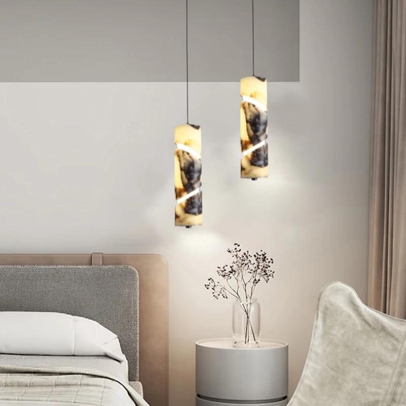 Lampu Gantung Marmer Alami LED Unik Remote Dimming Desain Art Deco Mewah Meja Makan Dapur Cafe