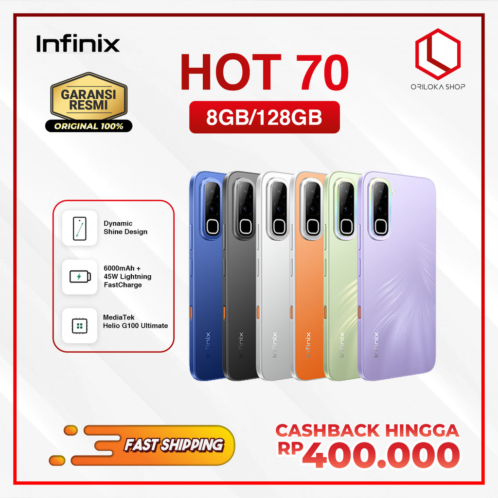 Infinix Hot 70 8/128GB HP Gaming NFC 120Hz Helio G100 Kamera 50MP 6000mAh Garansi Resmi