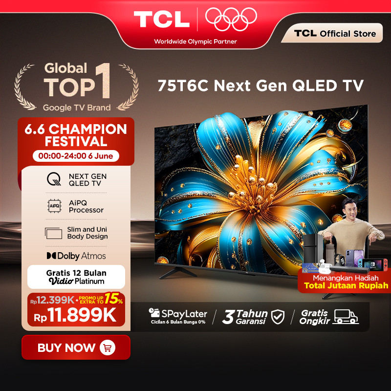 TCL Next Gen QLED 75 inch T6C - 4K Google TV - HVA Panel - HDR 10+ - Dolby Vision & Atmos - Google A