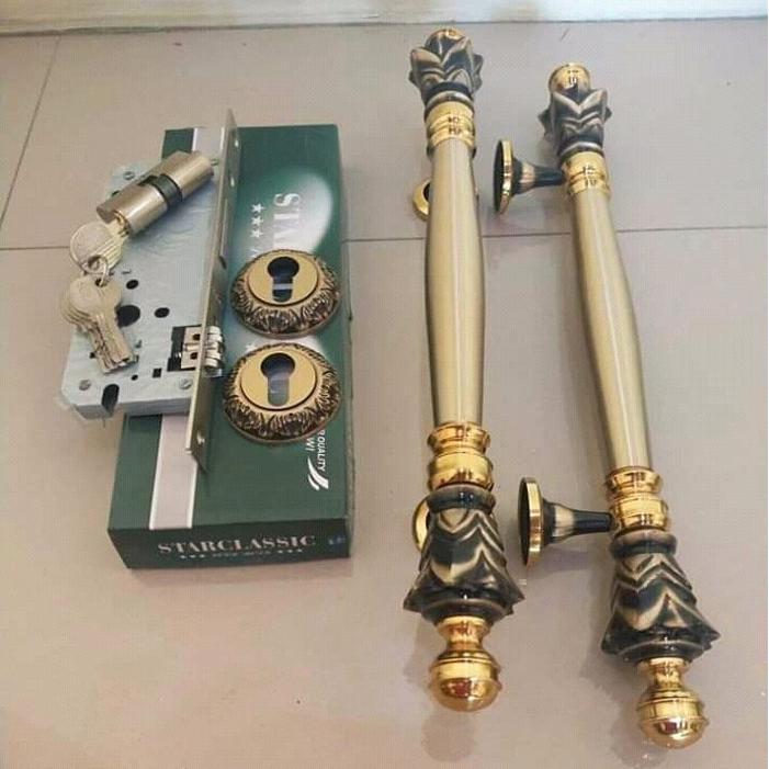 Set gagang pintu kuningan 2 handle dan kunci dan lubang kunci antik - Set gagang pintu, warna antik