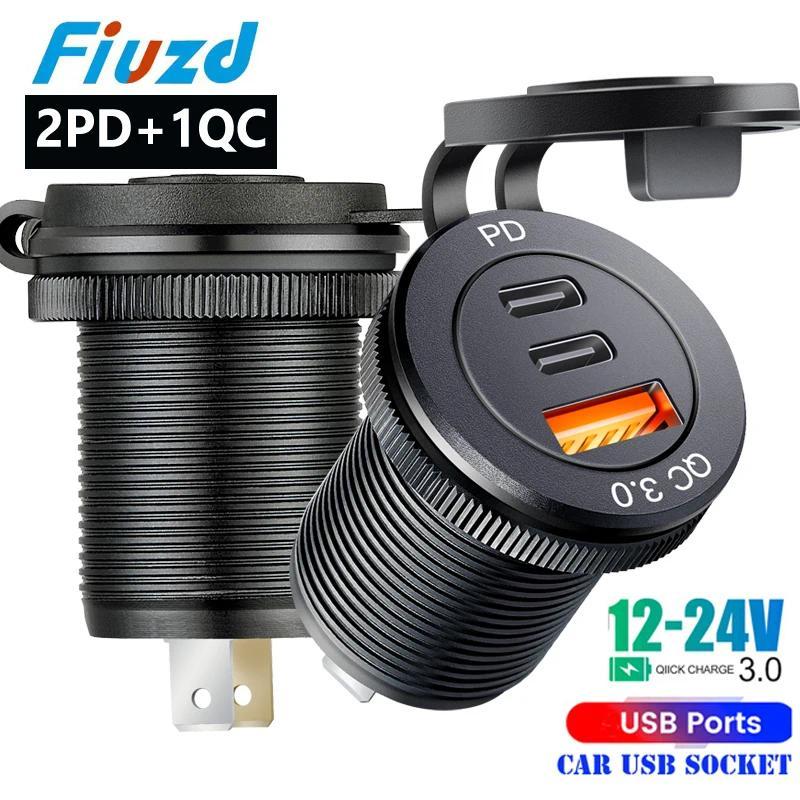 Soket USB 12V/24V pengisian cepat 3.0, Outlet USB, Soket Pengisi Daya Mobil USB C 12V/24V, Soket 3US