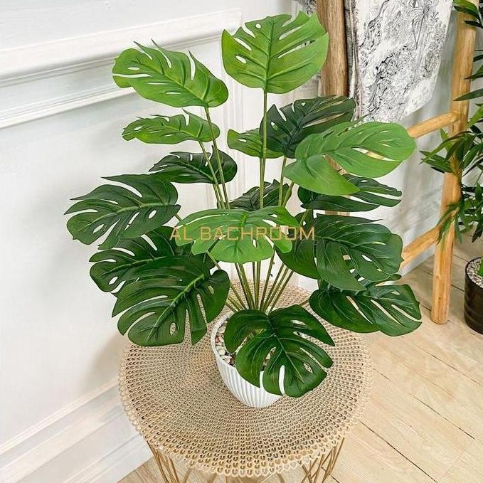 B8156 BUNGA PLASTIK MONSTERA VARIEGATA KECIL D18T48 TANAMAN ARTIFICIAL DEKORASI RUMAH DAUN MONSTERA 