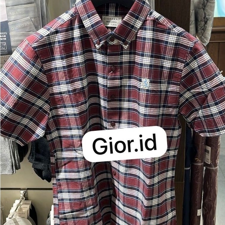 Giordano PRIA Cotton Oxford lion Shirt Lengan pendek| Kemeja Giordano original pria lengan pendek