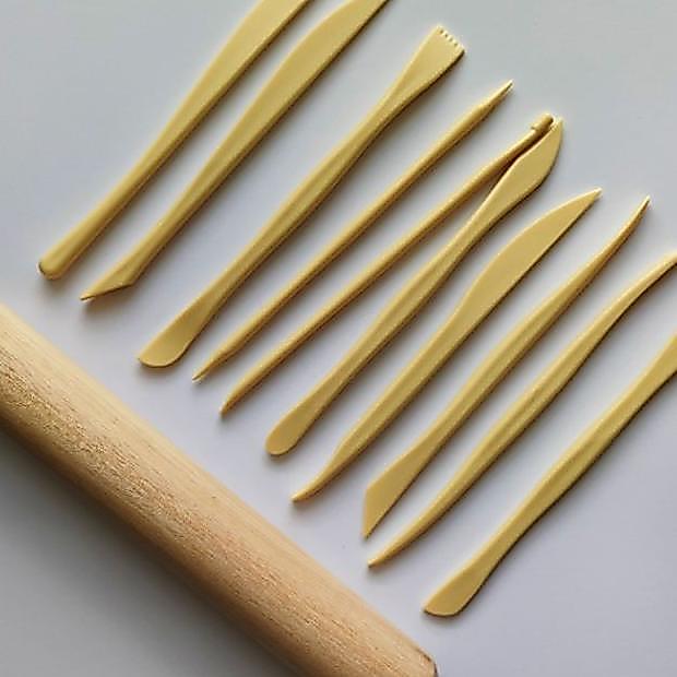 Clay Tool Set / Rolling Pin Kayu 20Cm & Alat Plastik 10Pcs