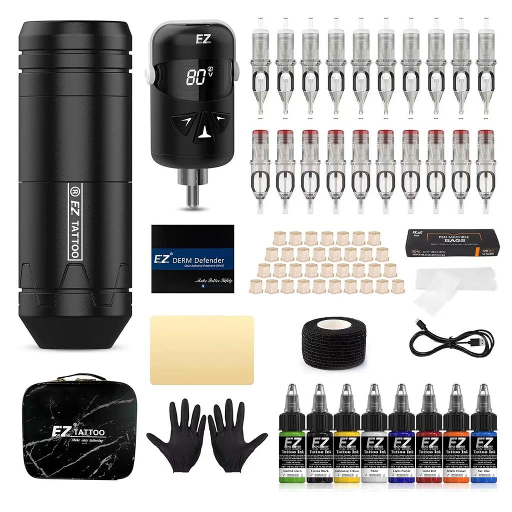 EZ Wireless Tattoo Machine Kit  Tattoo Machine Pen  1100mAh Battery Power Supply  20Pcs Tattoo Cartr