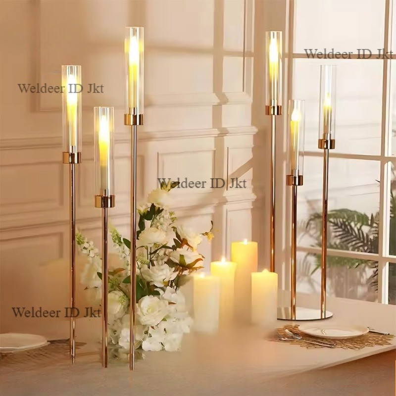 Tempat lilin emas akrilik standing candle holder dekorasi meja makan mewah hiasan dekor pernikahan e