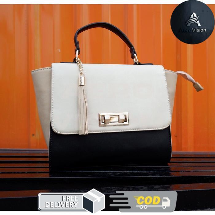 Tas Kerja Wanita PU Elegance Trapeze Hand bag import hitam kombinasi krem / Slingbag - Krem - hitam