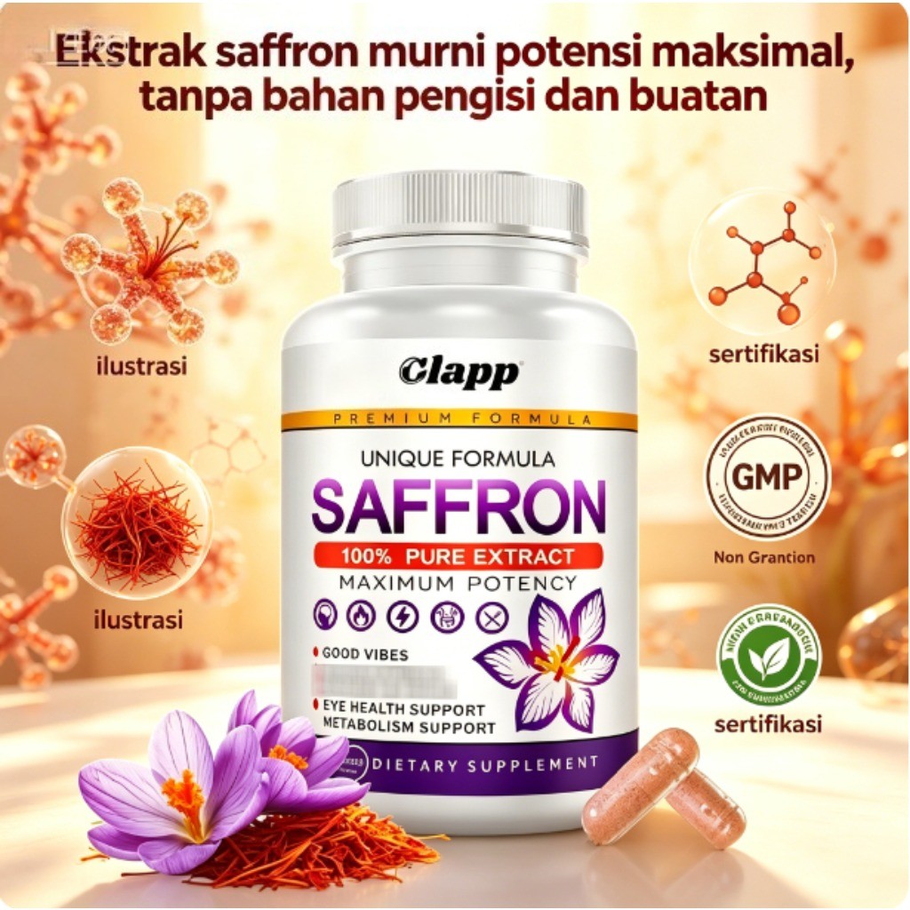 Clapp Saffron 60 Kapsul Potensi Maksimum Bebas Pengisi Non-GMO Membantu Fungsi Kognitif dan Antioksi