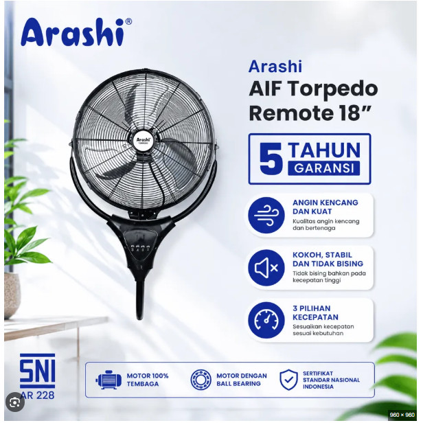 ARASHI Kipas Angin Dinding Industri 18 Inch REMOTE AIF 228 TORPEDO