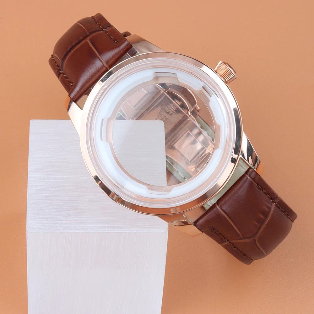 Kaca melengkung 40mm, Casing Rose Gold FIT Cocktail NH35, Tali Kulit Untuk Mesin Seiko Presage NH35 
