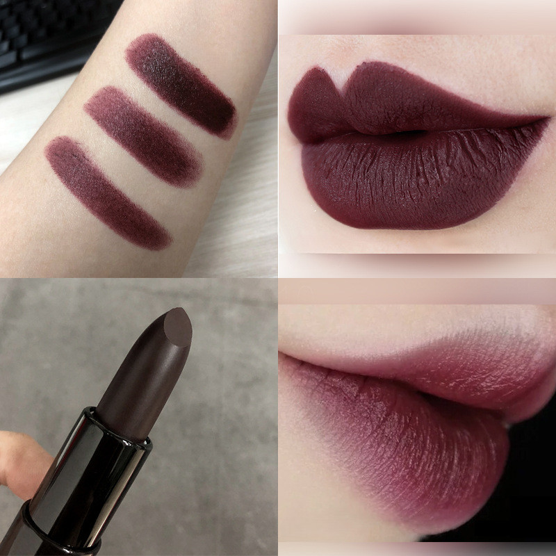 Lipstik matte velvet dalam warna hitam, ungu, merah, dan cokelat.