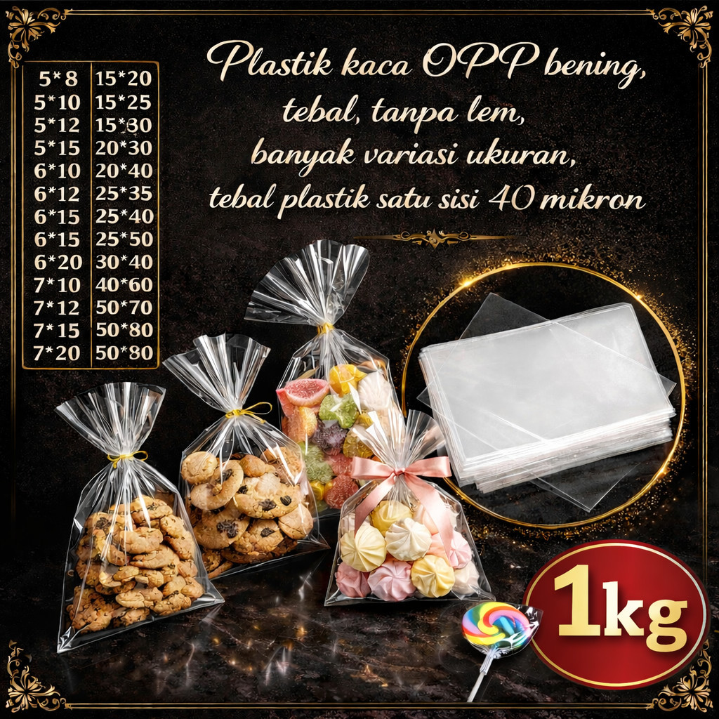 1kg Kantong Plastik OPP Bening 40 Mikron Tebal Tanpa Lem Plastik Kaca Bening OPP Souvenir Tebal 40 M