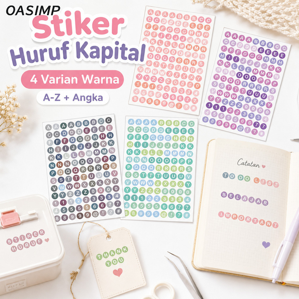 OASIMP 4 Lbr Stiker Huruf Angka Estetik Jurnal Guka DIY Dekorasi Keyboard HP Casing Tempel Catatan