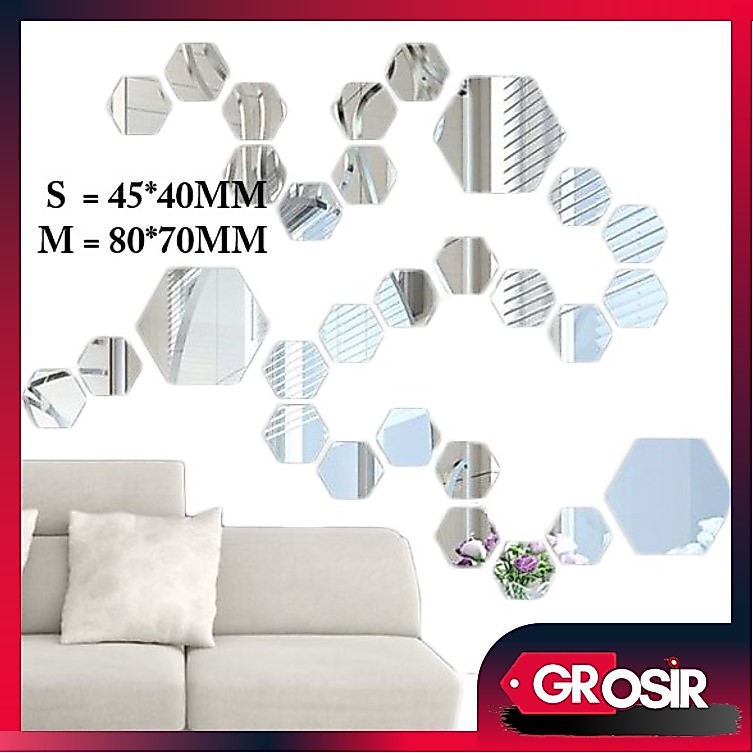 Grosir - 831 Kaca Cermin Segi Enam / Cermin Hexagonal / Cermin Dinding / Stiker Cermin