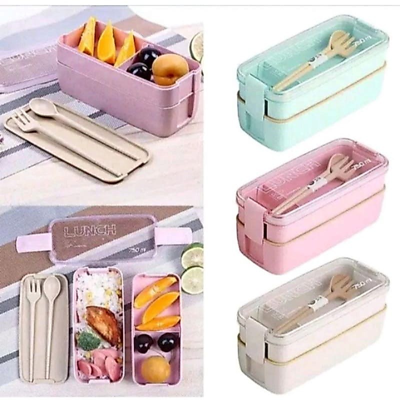 KOTAK BEKAL/ TEMPAT MAKAN/ LUNCH BOX 2 SUSUN BAHAN SERAT JERAMI GANDUM 750ML BPA FREE SENDOK GARPU