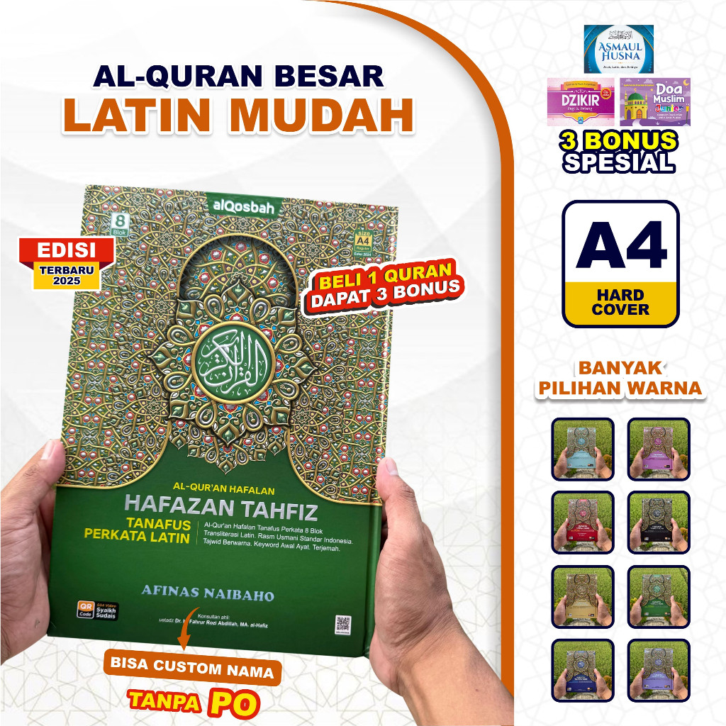 Al Quran Latin dan Terjemah Besar Hafazan Perkata Latin A4 Bisa Custom Nama dan Bonus 3 Buku RCQ