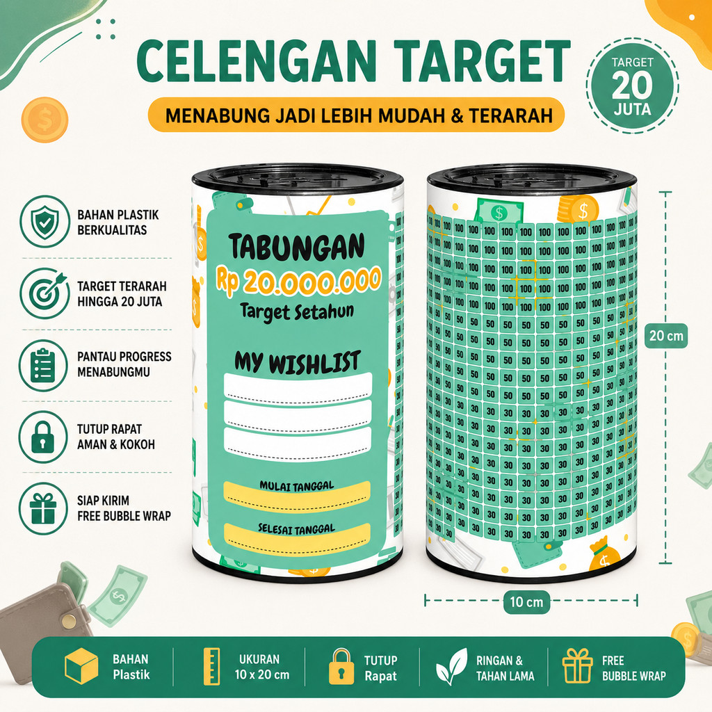 COD CELENGAN TARGET 20JUTA UKURAN L 20CM-BAHAN PLASTIK-TABUNGAN UANG ASLI