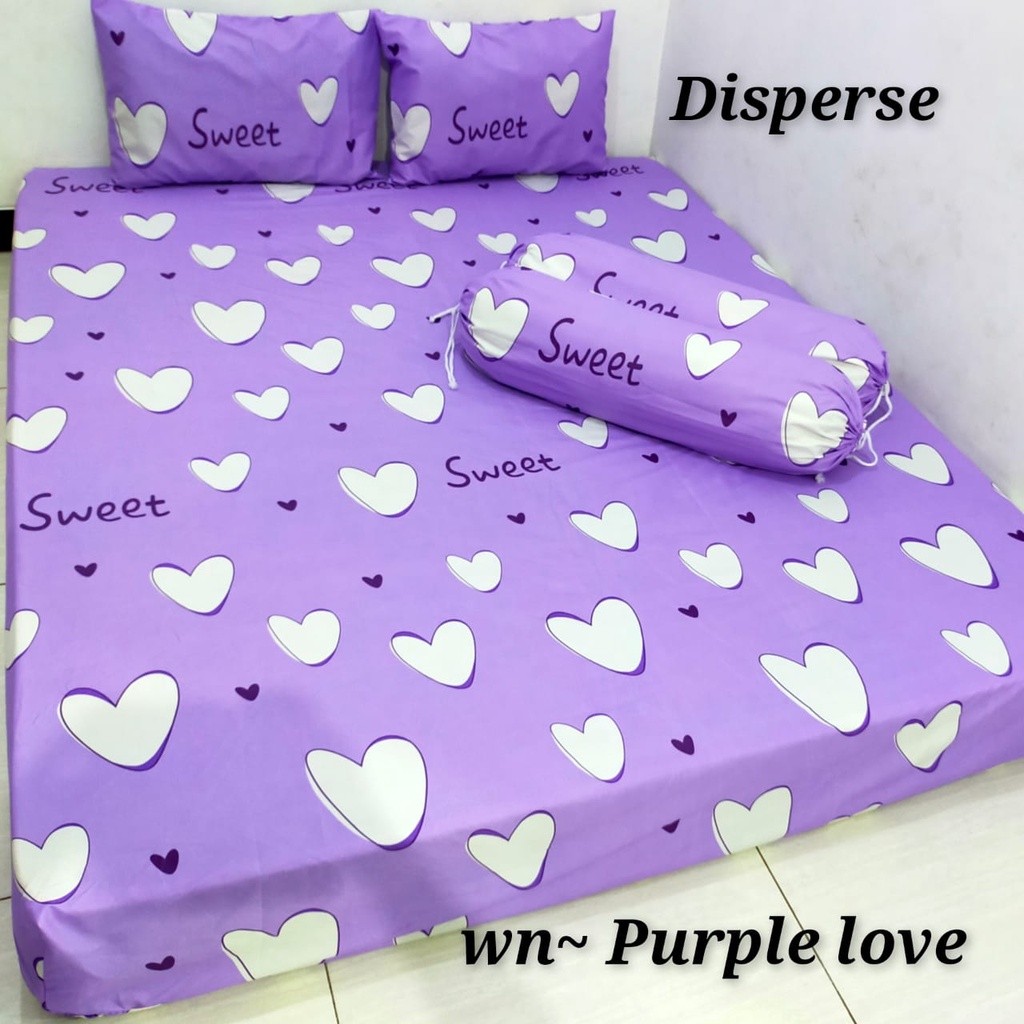 MURAH  SPREI MOTIF LOVE PURPLE SET SARBAN SARGUL