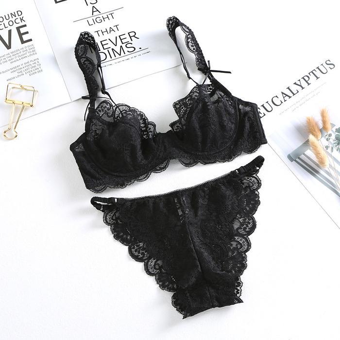 Bra Set BH + Celana Dalam Wanita Sexy Elegant Renda Lingerie Transparan Setelan - Black, 32