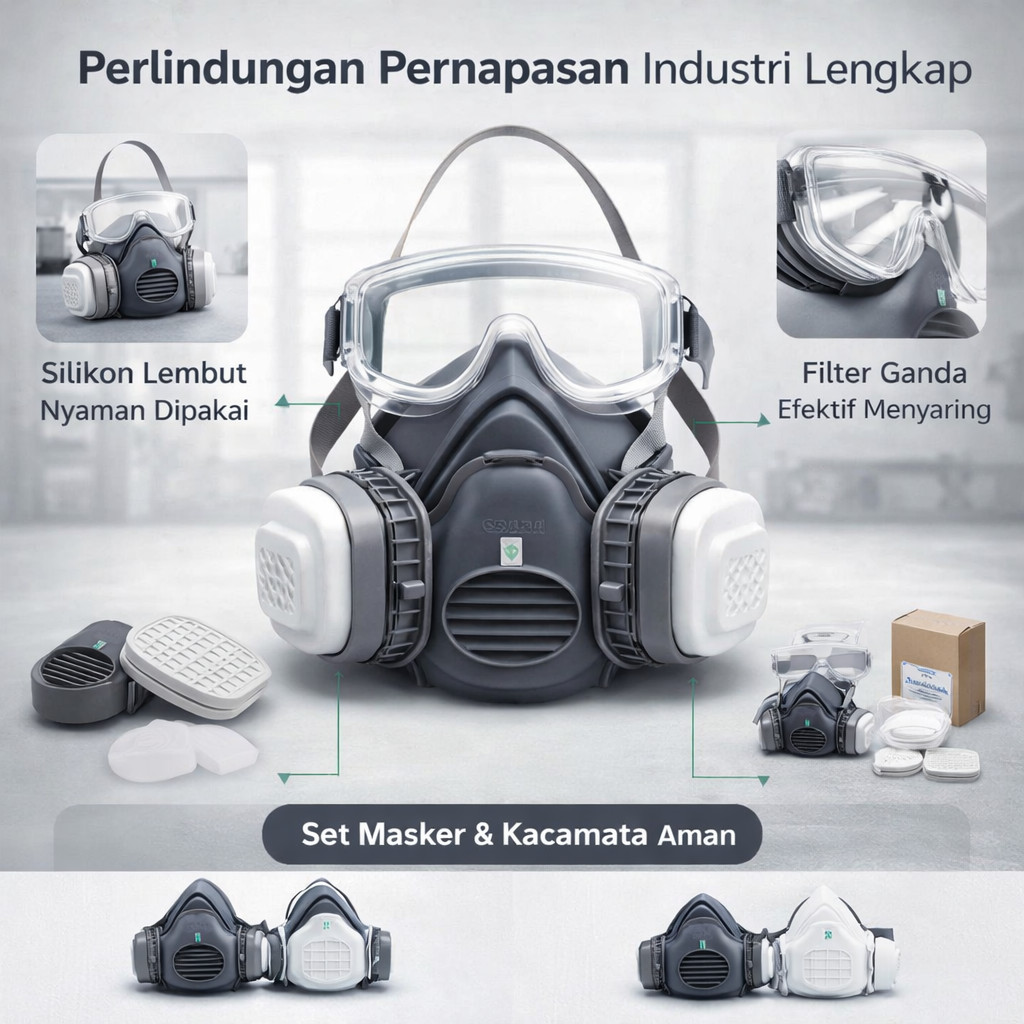 Set Masker Gas Tahan Debu Industri Masker Respirator Silikon Dekorasi Pemoles Cat Semprot Kacamata P