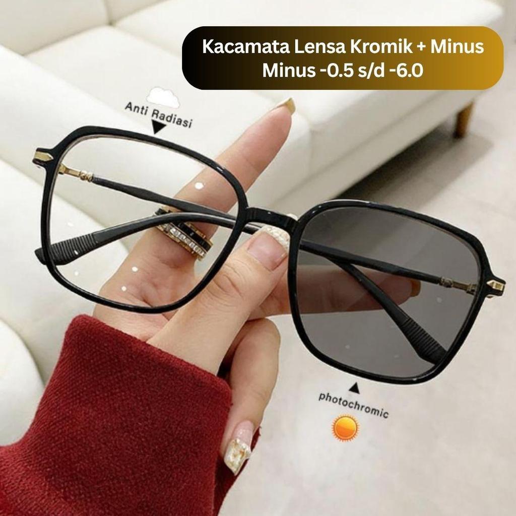 Kacamata 2 Fungsi Lensa Fotokromik + Minus -0.5 s/d -6.0 Tanapa Silinder Model Korea Anti Sinar Biru