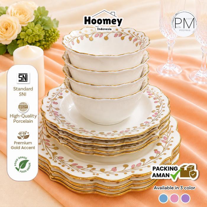 Set Piring Mangkok Keramik Estetik Premium Belle Bloom Gold Rim | Hoomey Petite Maison - Mangkok Bak