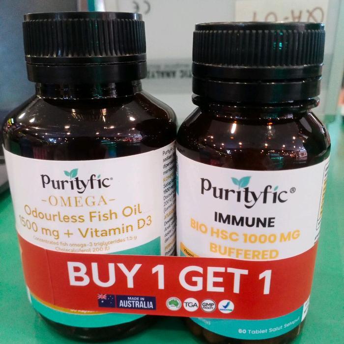 Purityfic Omega Odourless Fish Oil 1500mg & Vitamin D3 Immune Bio HSC 1000 MG Buffered Buy 1 Get 1 M