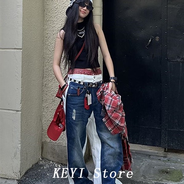 Women Blue Y2k Star Graffiti Jeans Harajuku 90s Vintage Denim Trousers Japanese 2000s Style Baggy